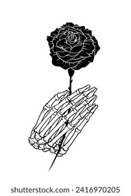 Hand Drawn Illustration of Skeleton Hand Holding a Rose