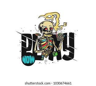 Hand drawn illustration of skeleton, posing, tshirt print, vector illustration