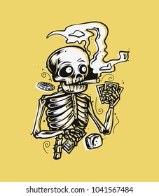 Hand drawn illustration of skeleton posing, tshirt print, vector illustration