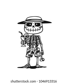 Hand drawn illustration of skeleton posing, text, tshirt print, vector illustration