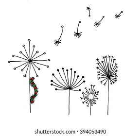 Hand Drawn Illustration Sketch Of Caterpillar On Dandelions In Wind