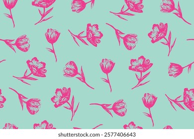 Hand drawn illustration sketch Tulips flowers seamless pattern. Flowers repeat ornament for business visit card, typography vector, wrapping paper, textile. Sketch style blossom print