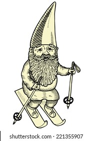 Hand drawn illustration of skiing gnome.
