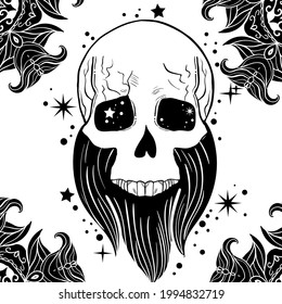 Hand drawn illustration of a skull with beard. Gothic tattoo art style.