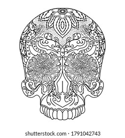 A hand drawn illustration of a skull decorated with chrysanthemums and geometric patterns.