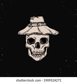 hand drawn illustration of a skull with a fishing hat