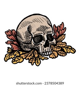 hand drawn illustration skull and flower design for t shirt and other design needs