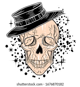 Hand drawn illustration of a skull in hat. Gothic tattoo art style.