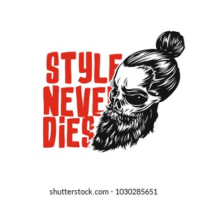 Hand drawn illustration of skull with long beard, tshirt design, vector illustration