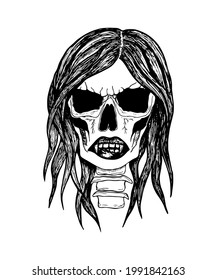 Hand drawn illustration of skull with a long hair. Can be used as a print for T-shirts or logo for rock and metal bands