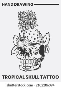Hand drawn illustration of a skull and a pineapple with a tropical theme