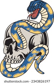 Hand drawn illustration of skull and snake vintage style