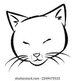 hand drawn illustration of sleeping cat face. line art, black outline. cute kitten cartoon character. doodle sketch. Suitable for print, poster, greeting card.