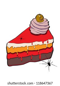 Hand drawn illustration of a slice of cake with spiders for Halloween party, doodle isolated on white