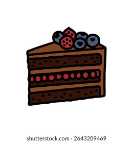 A hand drawn illustration of a slice of chocolate cake decorated with blueberries and strawberries. The cake has multiple layers and a simple, cartoonish style.