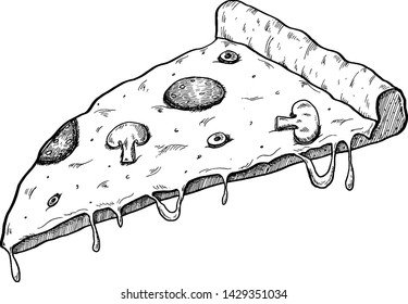 Hand drawn illustration of slice of pizza isolated on white background. Design element for poster, card, banner, t shirt, emblem, sign. Vector illustration