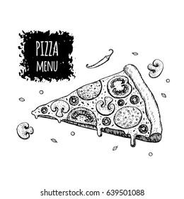 Hand drawn illustration slice pizza and champignon. Vector handmade pizza drawing for design pizza menu, flyer, poster, brochures, cafe, pizzeria.