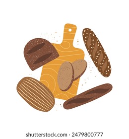 Hand drawn illustration sliced rye bread on the cutting board. Fresh baked whole grain ciabatta, baguette, rye bread. Flat vector textured illustration.