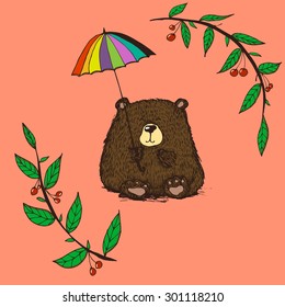 Hand drawn illustration of a small bear holding an umbrella. Decorated with cherry tree branches. The image can be used in postcard production or as an illustration.