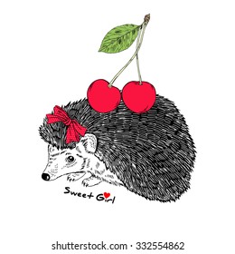 hand drawn illustration of small cute hedgehog girl with cherries, kid design