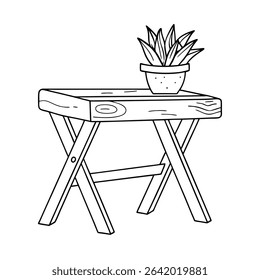 Hand drawn illustration of a small wooden table with a potted succulent plant on top.