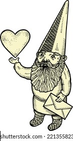 Hand drawn illustration of smart gnome with heart and love message.