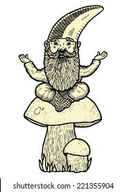 Hand drawn illustration of smart gnome in forest with mushrooms.