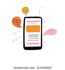 Hand drawn illustration of a smartphone surrounded by speech bubbles and arrows. Cartoon interface of website, online digital newspaper, mobile app, social network, media.