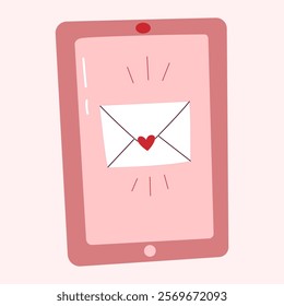 Hand drawn illustration of smartphone or tablet with love message. Love sticker for card, poster, collage design.