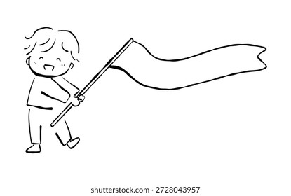 Ilustración dibujada a mano de un niño sonriente que sostiene un Anuncio largo de la bandera en blanco en un estilo simple del doodle