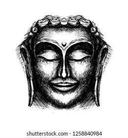 Hand Drawn Illustration of Smiling Buddha Face Against on White Background