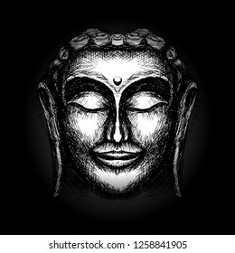 Hand Drawn Illustration of Smiling Buddha Face Against on Black Background