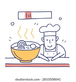 A hand drawn illustration of a smiling chef in a uniform and hat standing behind a counter with a bowl of steaming ramen or noodles