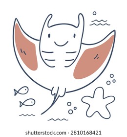 A hand drawn illustration of a smiling manta ray with pink accents surrounded by simple marine life