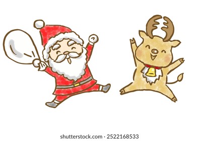 Ilustração desenhada à mão de um Papai Noel sorridente e seus saltos de rena.