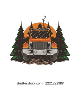 hand drawn illustration of smoking skull with off road car