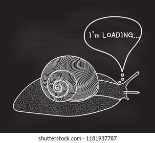 Hand drawn illustration with snail and the text "Loading", vector