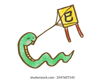 Hand drawn illustration of a snake flying a kite