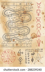 Hand drawn illustration with snake and mystic symbols. Halloween image. Signs are not foreign text, these letters are imaginary, fictional symbols.