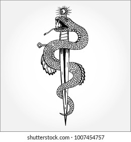 Hand Drawn Illustration With Snake and Sword