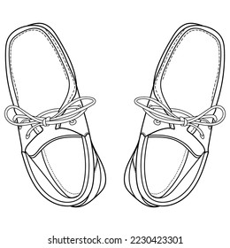 Hand drawn illustration of sneakers, autumn boots shoes. Classic vintage style. Top view. Outline doodle vector illustration.