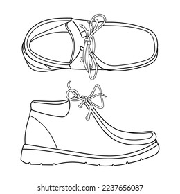 Hand drawn illustration of sneakers, autumn boots shoes. Classic vintage style. Top and side view. Outline doodle vector illustration.