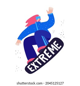 A hand drawn illustration of a snowboard girl with an inscription “Extreme”. Isolated flat illustration.