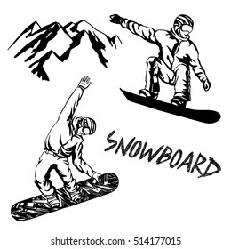 Hand drawn illustration with Snowboarders. Extreme winter sport