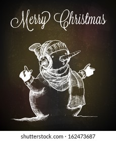  Hand Drawn Illustration, Snowman Over Chalkboard Background