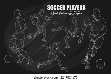 hand drawn illustration of soccer players on chalkboard. vector drawing