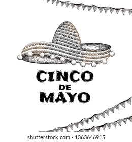 Hand drawn illustration of sombrero hat and Cinco De Mayo text on white background. Can be used as poster design.