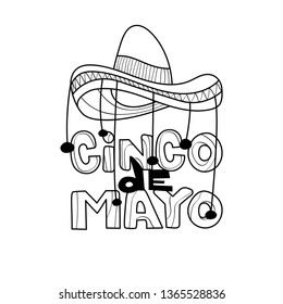 Hand drawn illustration of sombrero hat and Cinco De Mayo text on white background.  - Vector