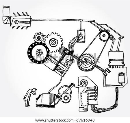 Hand Drawn Illustration of Some Mechanism and a Scientist