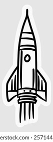 hand drawn illustration of space rocket ship in black and white line style